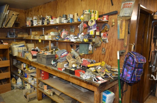 Contents on shelves & work bench from top to bottom to include small toolboxes, organizers, caulking