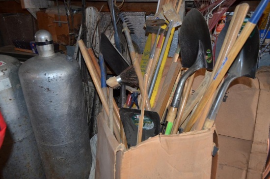 Box of mainly new long handled tools: spades, shovels, hoe's, rakes, bean hook, & several new
