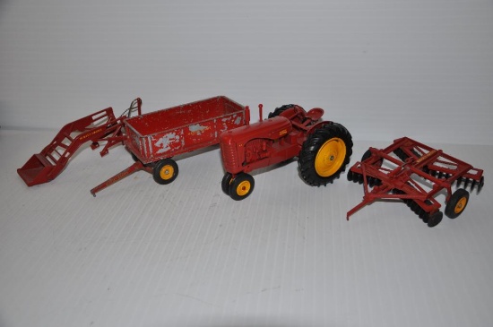 Massey Harris 1/16 scale toys lincluding tractor, loader, barge wagon & disk
