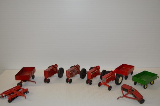 Flat of 1/32 scale Toy Tractors and Other Implements