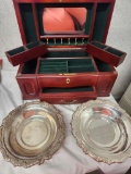 Wooden Jewelry box & (2) metal decorative trays