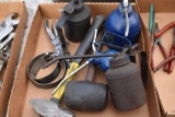 Flat of oil cans, oil filter wrenches, & a hammer