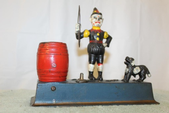 Cast Iron Mechanical Trick Dog with Clown Bank