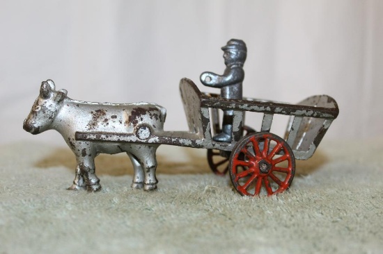 Cast Iron Ox Cart With Man