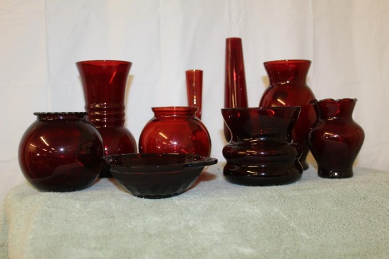 Red Ruby Vases and Bowl