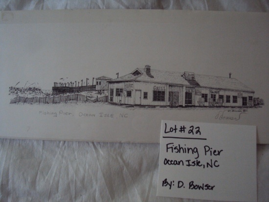 FISHING PIER, OCEAN ISLE, NC BY D. BOWSER, PENCIL SKETCH, NO FRAME