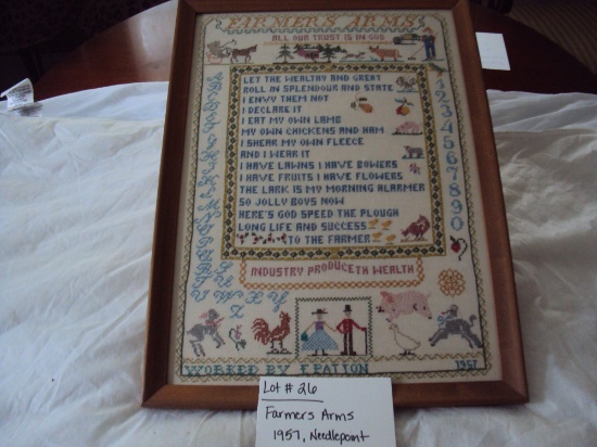 FARMERS ARMS, WORK BY F. PATTEN, 1957, NEEDLEPOINT WITH WOOD FRAME