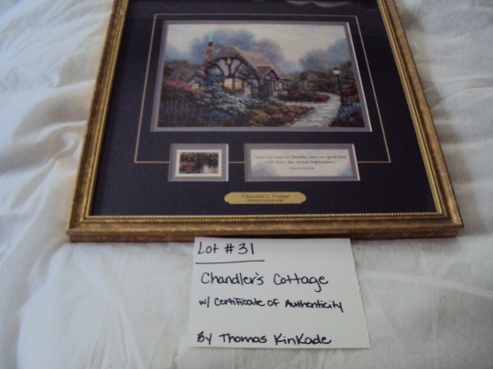CHANDLER'S COTTAGE WITH CERTIFICATE OF AUTHENTICITY BY THOMAS KINKADE WITH GOLD FRAME