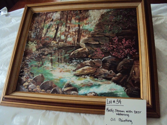 ROCKY STREAM WITH DEER WATERING, OIL PAINTING BY HUNTER BYNUM WITH GOLD FRAME