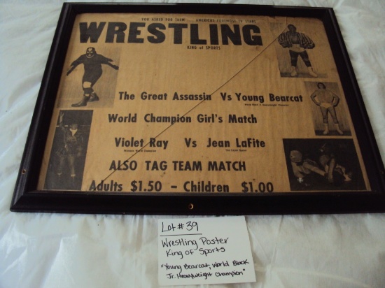 WRESTLING POSTER, KING OF SPORTS, YOUNG BEARCAT WORLD BLACK JR. HEAVYWEIGHT CHAMPION (GLASS CRACKED