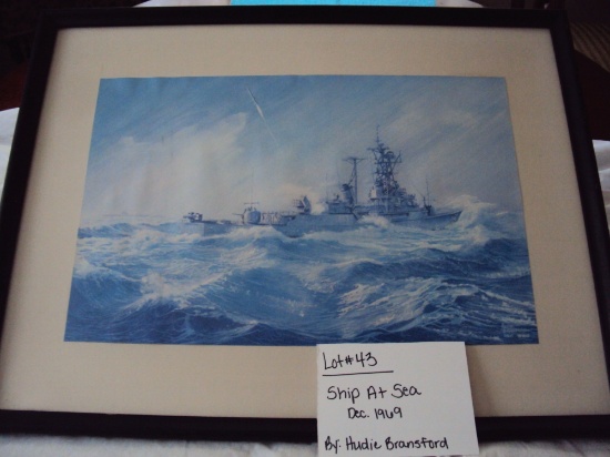 WAR SHIP AT SEA, BY HUDIE BRANSFORD, DEC. 1969 WITH WOOD FRAME