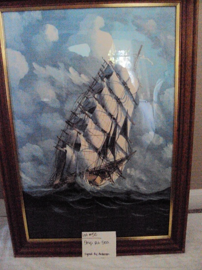 "SHIP AT SEA" WITH WOOD FRAME SIGNED ANDERSON