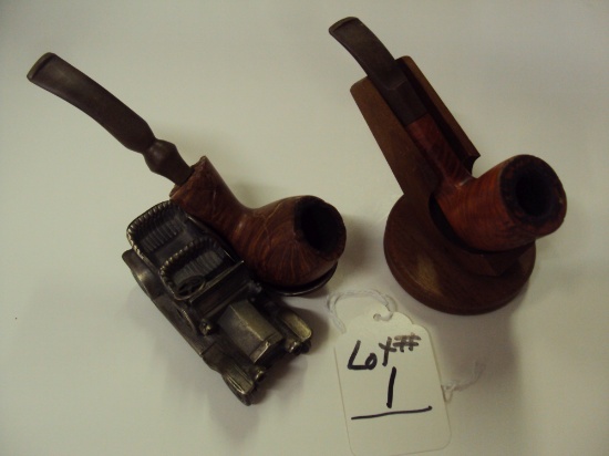 2 OLDER WOODEN PIPES WITH STAND, BOTH IN GOOD SHAPE