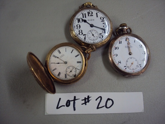 3 OLDER POCKET WATCHES, 1 WORKING ELGIN, 2 OTHERS MISSING CRYSTAL