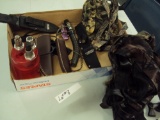 TRAY LOT OF MISC. SAFETY HARNESS, SHEATHS, DEER CALL, AND MORE