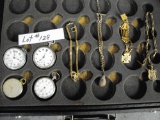 DISPLAY CASE WITH 4 POCKET WATCHES AND CHAINS