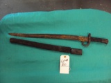 LONG GERMAN BAYONET WITH LEATHER SHEATH - SHEATH IS CRACKED AND SEPARATED FROM END (SEE PICS)
