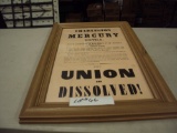 FRAMED CHARLESTON MERCURY EXTRA 1860 UNION IS DISSOLVED