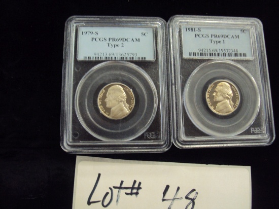 LOT OF 2 JEFFERSON NICKELS - 1981-S PCGS PR69DCAM TYPE 1, 1979-S PCGS PR69DCAM TYPE 2