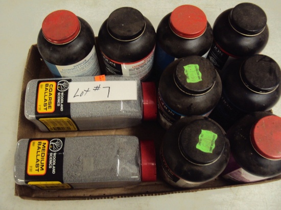 TRAY LOT OF MISC. POWDER FOR RELOADING, MOST FULL