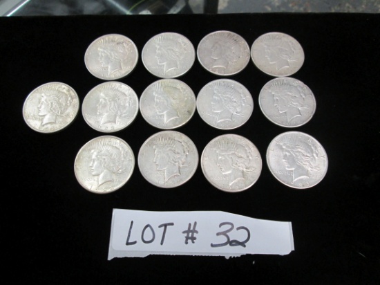 LOT OF 13 MISC. PEACE SILVER DOLLARS. 13 TIMES THE MONEY