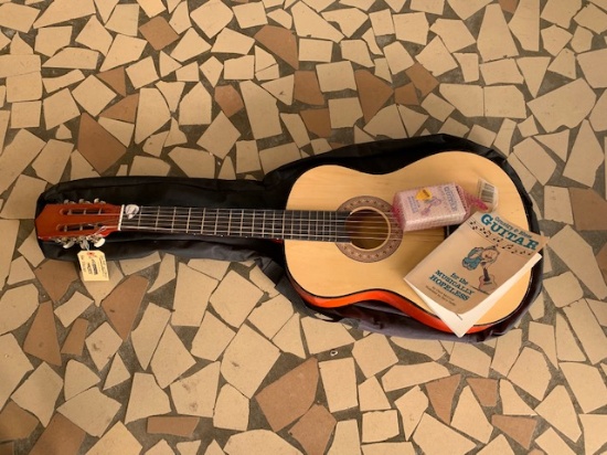 acoustic guitar, book, & case