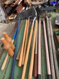 large lot of shovels, post hole diggers hay forks