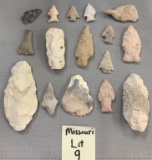 Lot of Missouri arrowheads, scrapers, and a drill.