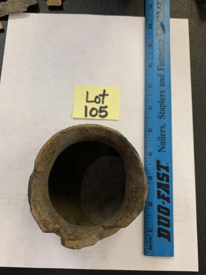 Small Indian Pot found in Missouri. Shows rim damage. 3 1/2” tall x 4 1/4” wide.