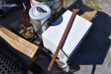 Microwave, Coffee Cups in Box and Wood Oar