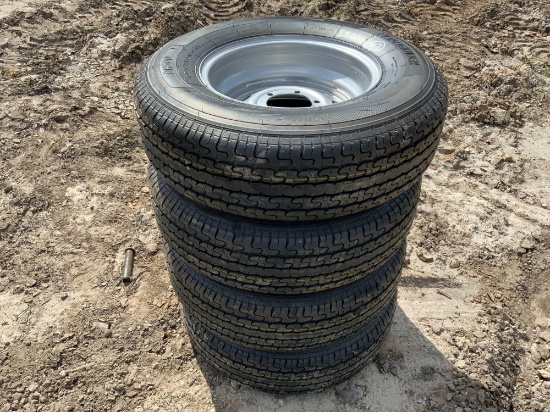 4 Unused ST225/75R15 Trailer Tires and Wheels