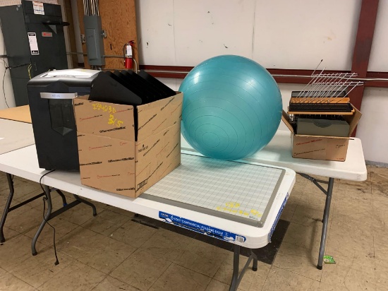 Misc Office Appliances (Shredder, 2 Boxes Office Trays, Whiteboard, Exercise Ball)