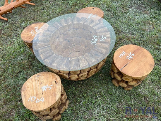 Glass Top Wood Log Table with Four Stools