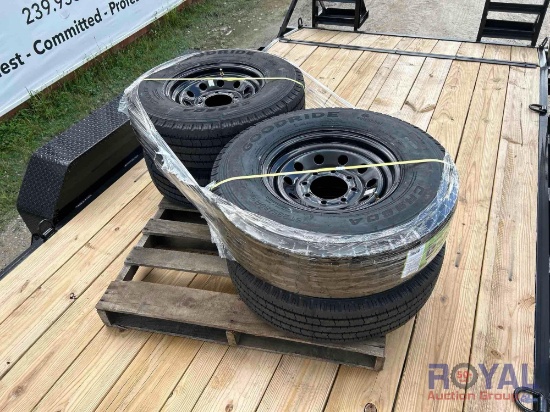 Lot of 4 14 Ply GoodRide ST235/80R16 Trailer Tires and 8 Lug Wheels