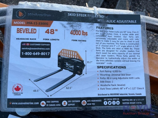 2024 Wolverine PFA-11-3300G 48in Pallet Fork Hydraulic Adjustable Skid Steer Attachment