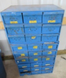 (3) Nine drawer metal organizers with contents including nuts, screws, bolt