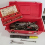 Toolbox with hand tools including pipe wrench, adjustable wrenches, etc.