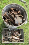 Assortment of old barn hinges and hardware.