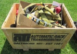 Crate of contents including electrical items, triangles, ratchet strap, etc