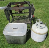 Propane camping deep fryer with stand and tank.