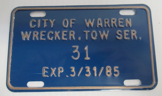 City Of Warren Wrecker License Plate. Measures 3" H X 5" W.