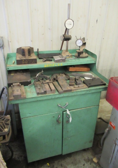 Wood Shop Cabinet With Assorted Machinery Items That Includes Starrett Gaug