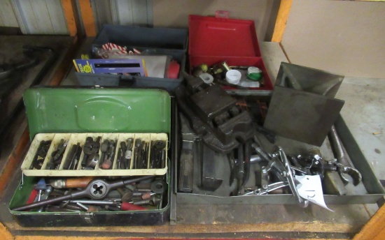 Group Of Taps And Dies, Machinist Vise, 3 Jaw Pullers, Pry Bars, Etc.