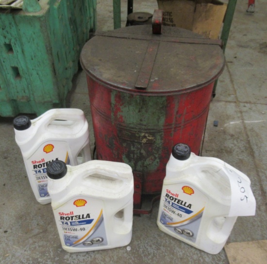 (3) 1 Gallon Containers Of Shell Rotella T4 Motor Oil And Shop Rag Containe
