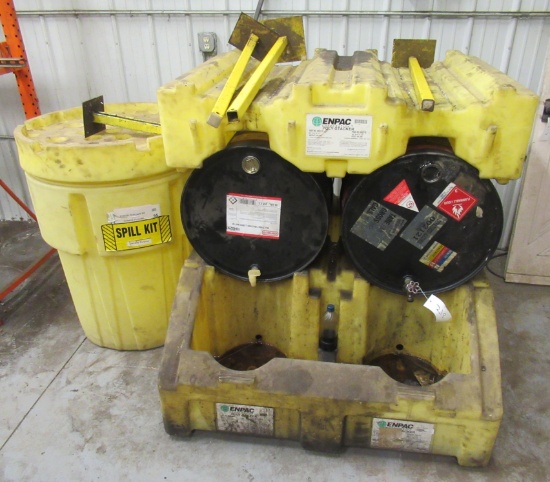 Enpac Poly-stackers With (2) Oil Barrels, Partially Full.