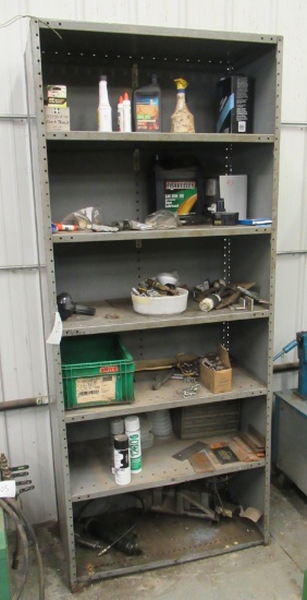 6 Tier Metal Rack With Contents Of Oils, Spray Cans, Grease Gun, 220 Adapto