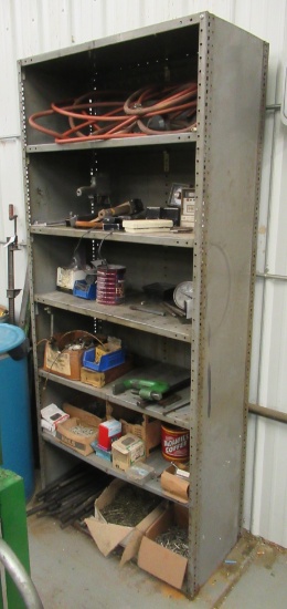 6 Tier Metal Rack With Contents Of Air Hose, Large -clamp, Nails, Screws, C