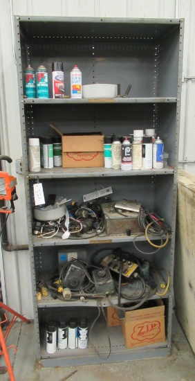 5 Tier Metal Rack With Contents That Includes Lubricant, Sprays, Control Bo