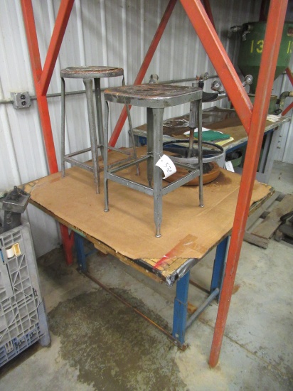 (3) Shop Stools And Shop Bench. Bench Measures 33" H X 47 1/2" W X 42" D.