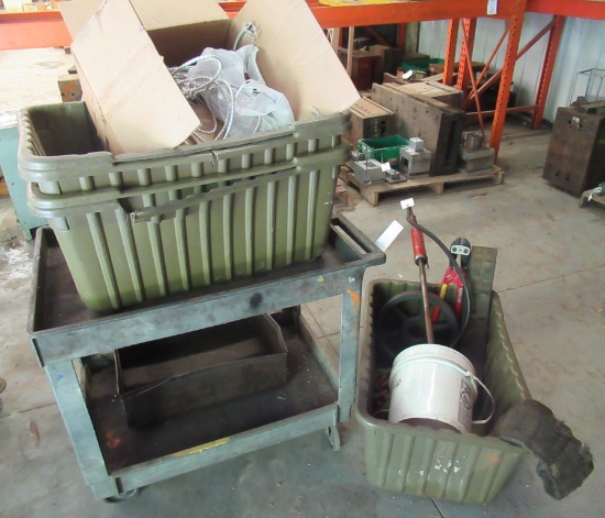 Rolling Plastic Shop Cart, Plastic Bins, Barrel Pump, Bolt Cutters, Etc.
